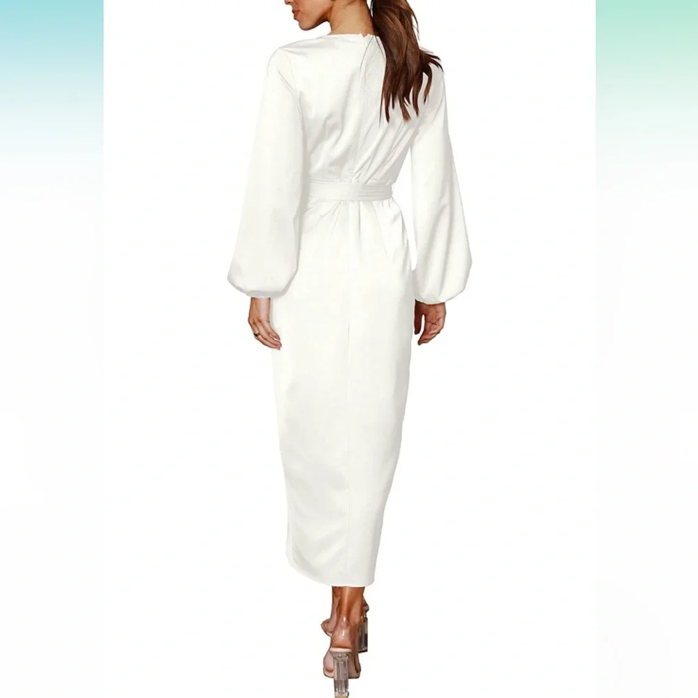White Satin Long Sleeve Wrap Dress - Picture 2 of 3